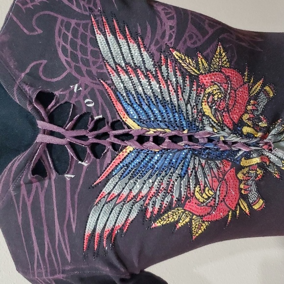 Affliction black label eagle wing jewelled t shirt burgandy black distressed - Picture 2 of 7